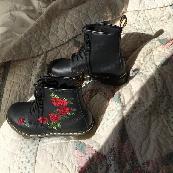 Dr. Martens Black Lace-Up Combat Boots with Red Rose Embroidery - Picture 3 of 7